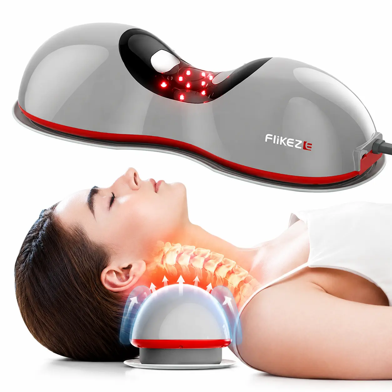 FLIKEZE Wireless Neck & Shoulder Massager - ABS Gray, Remote-Controlled, Red Light Therapy, Heat Therapy, Microcurrent Stimulation, Wireless Cervical Traction for Adults, Office Neck Relief