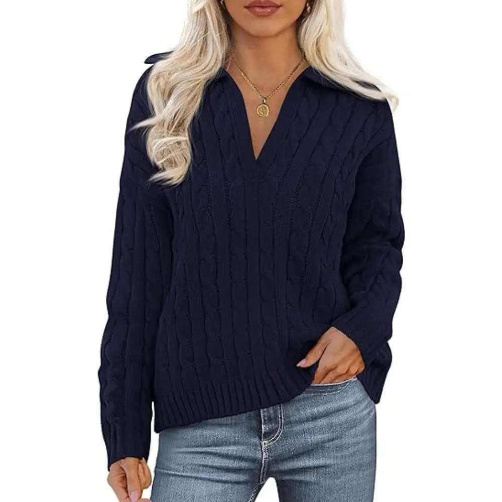 PRETTYGARDEN Spring Cable Knit Oversized Sweaters for Women Polo V Neck Long Sleeve Casual Chunky Sweater Pullover Tops