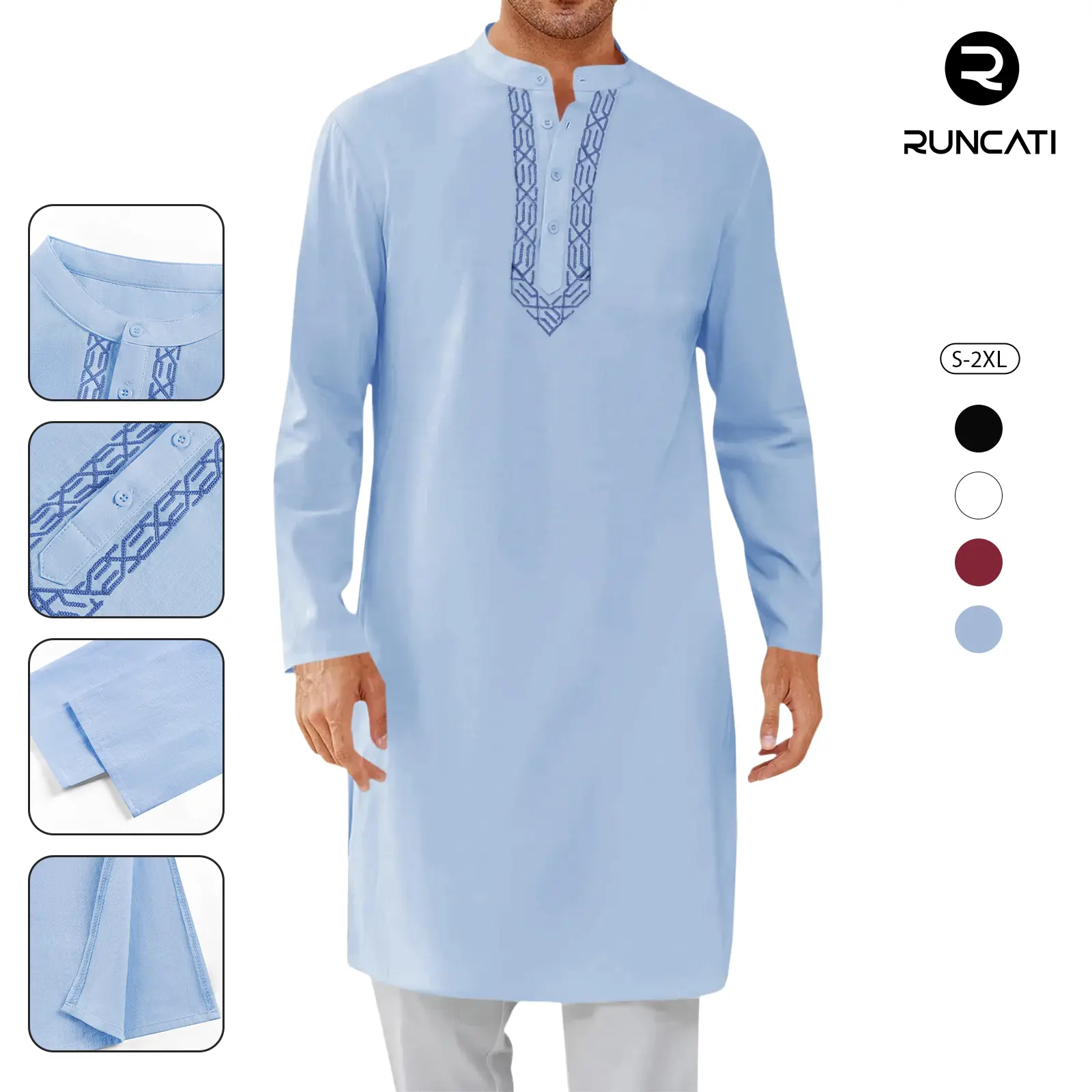 Runcati Mens Kaftan Thobe Button Down Casual Henley Shirts Long Sleeve Robe Cotton Linen Muslim Gown Shirt