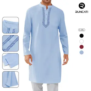 Runcati Mens Kaftan Thobe Button Down Casual Henley Shirts Long Sleeve Robe Cotton Linen Muslim Gown Shirt