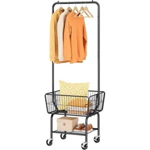 Laundry Cart with Hanging Rack, Metal Laundry Basket with Wheels, Laundry Hamper with Storage Basket and Shelf, Rolling Laundry Cart with Wheels, Black