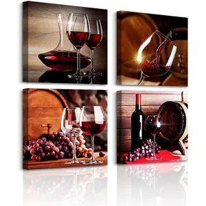 Canvas Wall Art For Kitchen Dining Room Wall Decor Print Artwork Wine Glass Wall Painting Modern Still Life Frame Wall Pictures Bar Restaurant Vintage Home Decor Ready to Hang 4 Piece Set