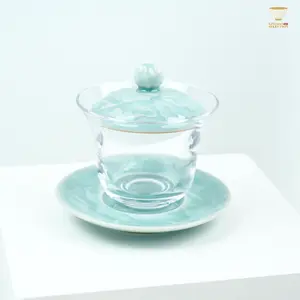 Master Lei Huixian Celadon Gaiwan with Peony Relief｜Glass Body & Carved Porcelain Lid/Saucer｜Elegant Fusion Tea Bowl for Gongfu Brewing