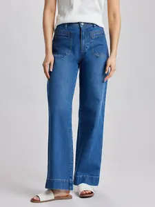 Emmanuelle Patch Pocket Jeans, Women’s High Rise Wide Leg Denim Jeans with Front and Back Pockets for Everyday Wear