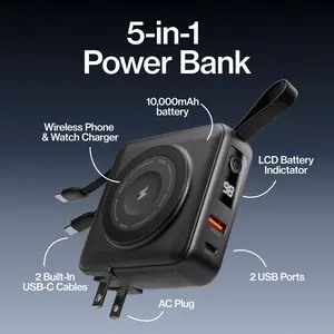 STATIK SmartCharge Gen 2: 5-in-1 10000mAh Travel Power Bank | Smartphone & Chargeable Devices | Built-in Cables | Apple Watch Charger | Wireless Charging | International Travel Adapters Included
