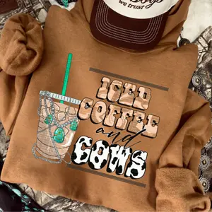 Iced Coffee & Cows Hoodie, western clothing, crewneck western outfits women’s clothes, western cowgirl stuff, western tops graphic t-shirts, country western tops, sweatshirts for women, western graphic tee women country clothing