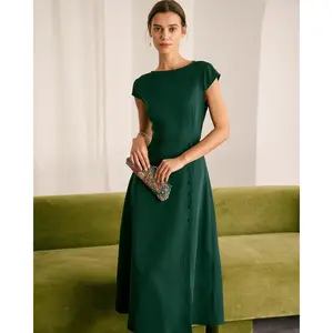 Rihoas Women's Slim Feminine Green Boat Neck Polyester Viscose Midi Dress - Short-Sleeve, Button-Accented, Cutout Back, Formal Cap-Sleeve Option, Quality Fabric, Flattering Fit (Women's Clothes)