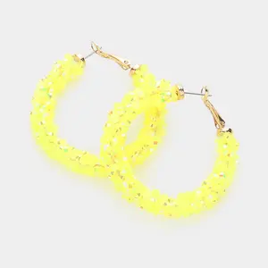 Neon Yellow Beaded Fun Fashion Hoop Earrings | 1.8" |  634433