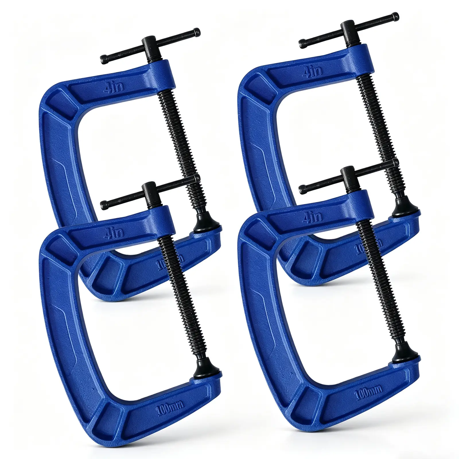 4-Inch C-Clamps, 3.2-Inch Throat, 1150 LBS, Heavy Duty Cast Steel, 4-Pack Swivel pad and T-bar handle provide controlled pressure; rust-resistant coating helps protect for reliable shop use