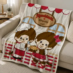 Monchhichi Cute Character Throw Blanket - Kawaii Monchhichi Cafe Blanket, Cozy Anime Style Blanket for Fans