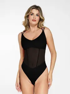 Popilush Shapewear Crisscross Back Illusion Mesh Sculpting Bodysuit Fit Womenswear Adjustable Nylon