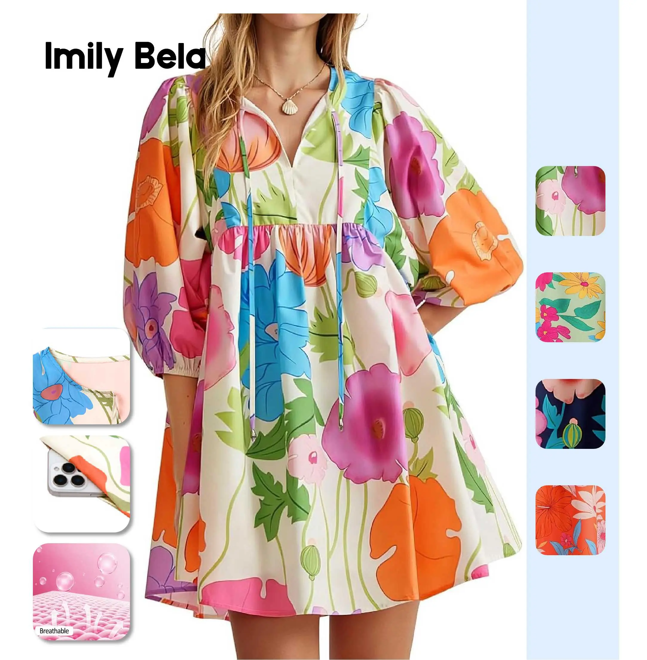 Imily Bela Women's 2026 Summer Floral Babydoll Mini Dress, V-neck Puff Sleeve Dress with Pockets, Classic Comfortable Loose-Fit Boho Beach Sundress