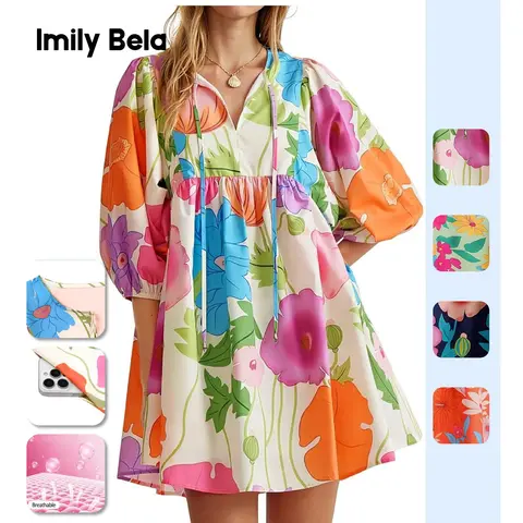 Imily Bela Women's 2026 Summer Floral Babydoll Mini Dress, V-neck Puff Sleeve Dress with Pockets, Classic Comfortable Loose-Fit Boho Beach Sundress