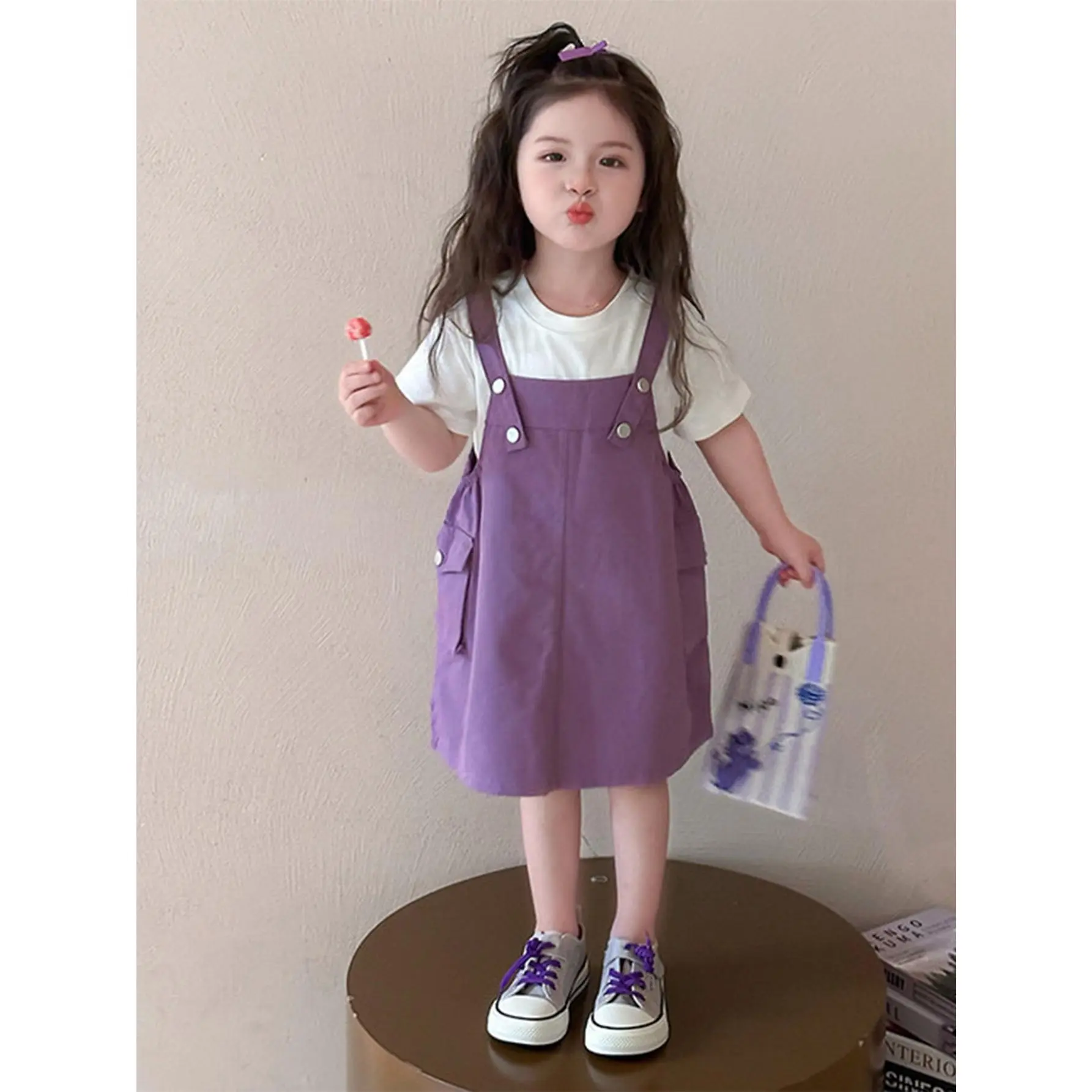 Girls Purple Cargo Pinafore 2Pcs Outfit, Basic White Crew Neck Short Sleeve Tee Adjustable Button Strap Side Pocket Overall Dress Kids Casual Summer Co-Ord # Girl Denim Overall Romper