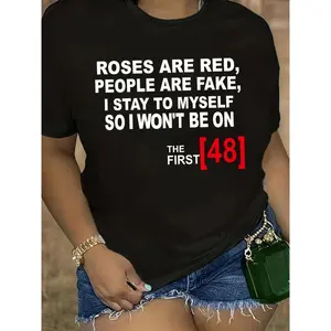 Women's Roses Are Red Print T-Shirt - Short Sleeve Crew Neck Casual Blouse with Slogan, Comfortable Casual Attire for Curvy Women, Spring Summer Fall Outfits, Machine Washable T-Shirt Top