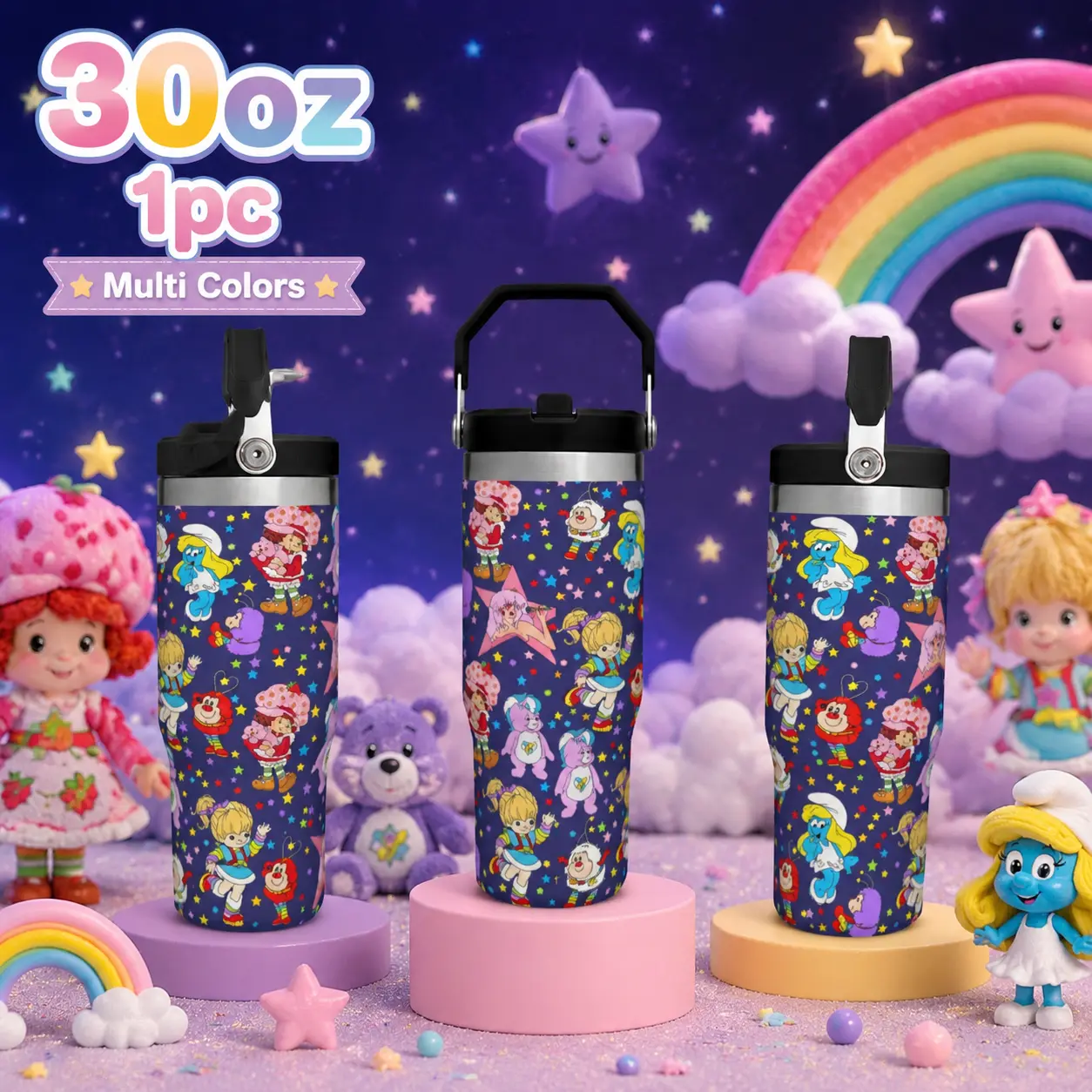 1pcs 30oz Vintage 80s Cartoon Collage Tumbler With Handle And Straw Retro Rainbow Brite Smurfette Strawberry Shortcake Print Stainless Steel Insulated Travel Cup Cute Aesthetic TikTok Viral Tumbler Nostalgic Gift For 90s Fans
