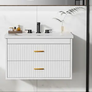 Floating Bathroom Vanity with Sink - Modern Wall Mounted Vanity with Ceramic Sink, 2 Large Drawers, Waterproof & Easy Clean