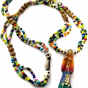 Santa Muerte 20 Inches 7 Powers Necklace  3 Inches Pendant Colorful Beads and Unique Design