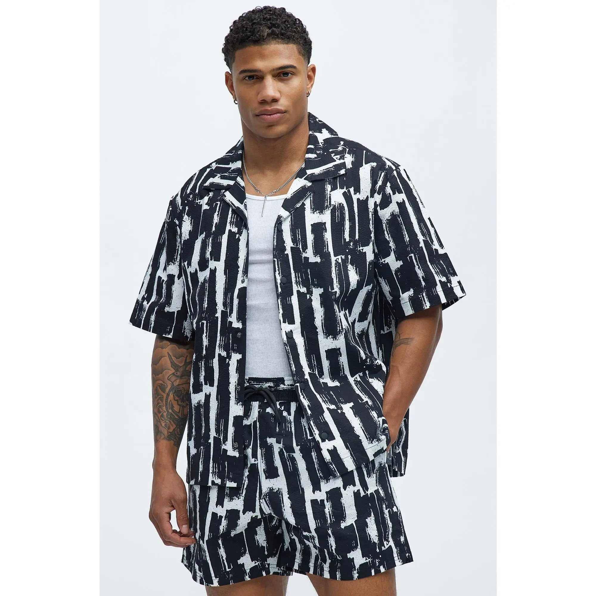 Seersucker Printed Short Sleeve Cuban Collar Shirt - Black/combo Seersucker Printed Short Sleeve Cuban Collar Shirt - Black/combo