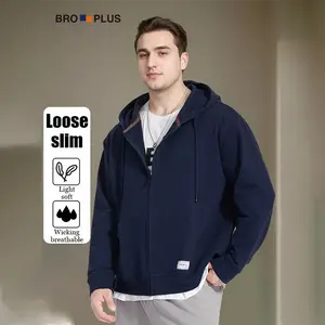 BRO PLUS Men's Large Size Loose Fit Zipper Sweatshirt Hoodie Cardigan - Light Soft & Wicking Breathable Fabric