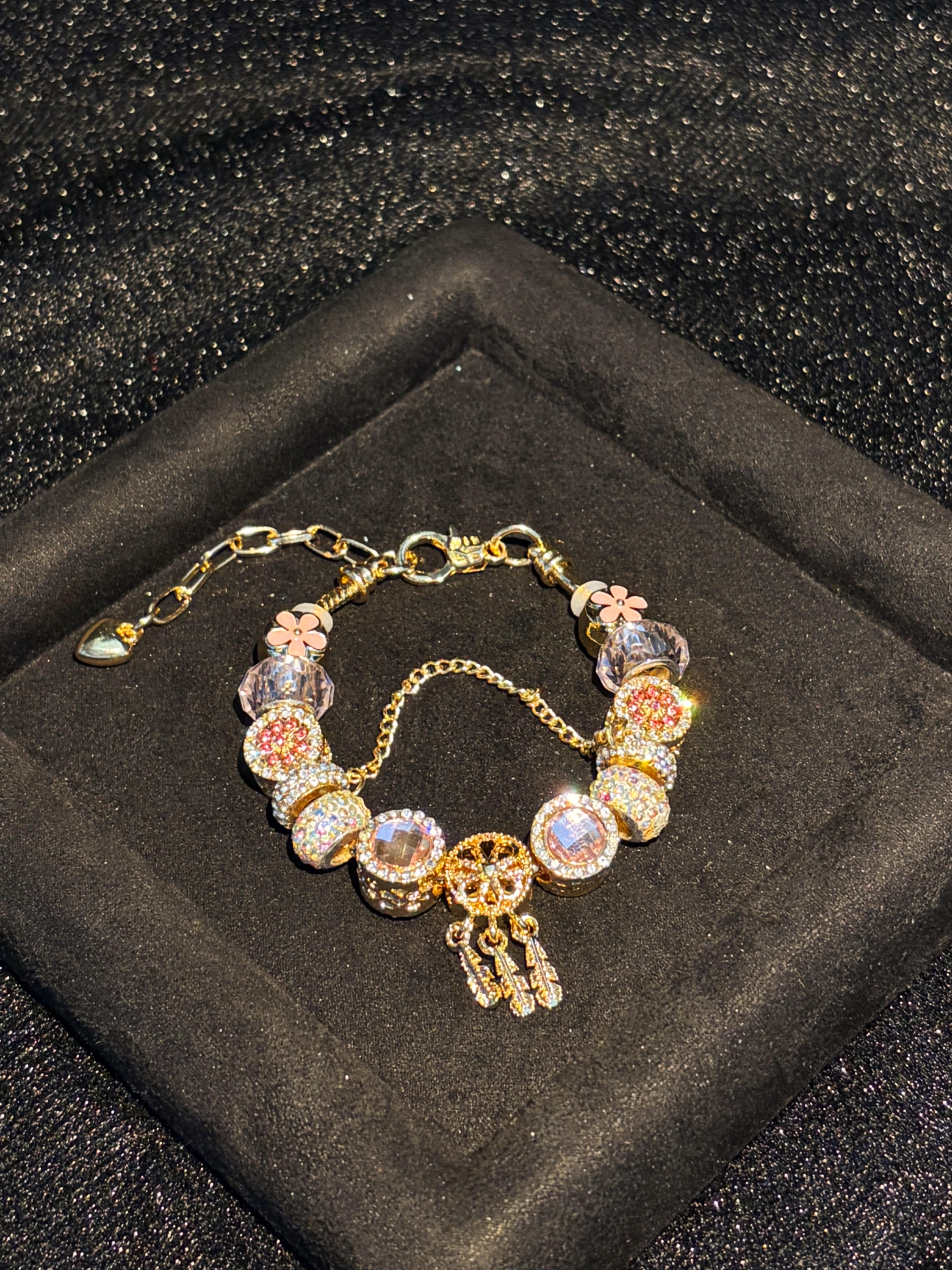 Women's Gold-Tone Feather Tassel Charm Bead Bracelet with Pink Flower Enamel & Crystal Rhinestone Beads, Stackable Costume Jewelry Gift