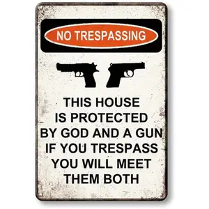 Gun Logo Novelty Metal Aluminum Logo Forbidden Trespassing This Property Subject to God and Gun Logo Garden Yard Home Decoration Farmhouse Art Wall Logo Plaque Size: 12 x 8 inch metal wall sign Vintage Metal Tin Sign home decor plaque funny bar sign