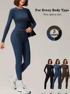 2 Piece Women's Sportswear Set Solid Color Crew Neck Long Sleeve Long Pants Yoga Outfit Sweatsuit Set High Stretch Slim Fit Casual Gym Running Training Breathable Comfortable Athletic Activewear, Workout Running Outfits