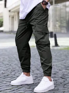 Men's Fashion Solid Color Pocket Workwear Jogger Pants, High Street Retro Long Pants, Drawstring Waist, Casual Sportswear for Spring & Fall