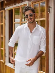 Men's Solid Color Plain Linen Long Sleeve Fitted Shirt, Casual Breathable Pocket Design, All Seasons Outdoor Fashion Top, Essential Wardrobe Staple