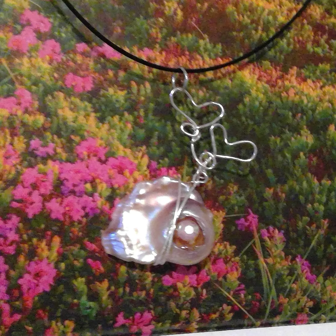 pearl fish heart bubbles wire wrapped pendant