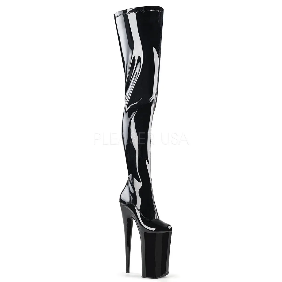 Platform Crotch Boots for Women in Black Stretch Patent Leather with 10 in Heel, 6.25 in Platform, and Full Length Inside Zip Closure, Boot, Footwear, Shoe, 10" (25.4Cm), 6 1/4" (15.9Cm)