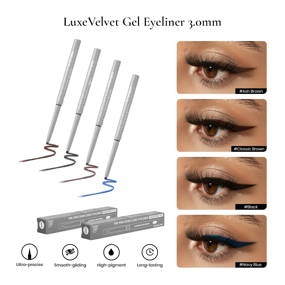 RUBY VIBE CO LuxeVelvet 3.0mm Gel Eyeliner, Retractable Eyeliner Gel Pencil, Black Eyeliner, Brown Eyeliner & Navy Blue, Smudge Proof Eye Liner for Long Wear