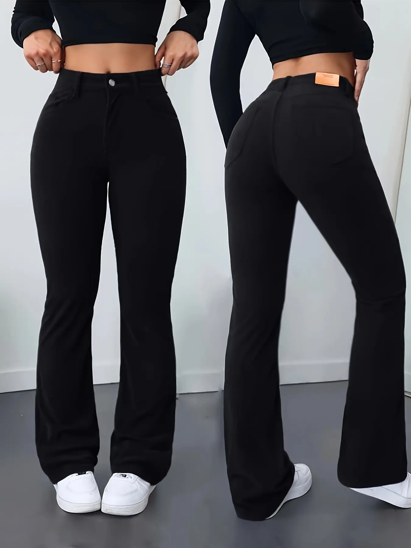 Women's High Waist Flare Pants, Elegant Slim-Fitting Flared Long Trousers, All Seasons Fashion, Plain Pattern, No Ca Prop 65 Warning, Womenswear