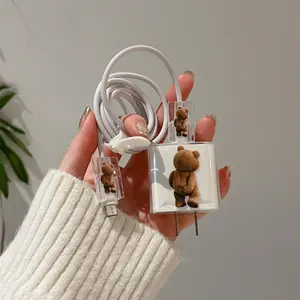 Charger Protection Case Set with Charging Cable Cover and Silicone Storage Rope, Bear Pattern, Fits Apple Phones, 4 Piece Kit