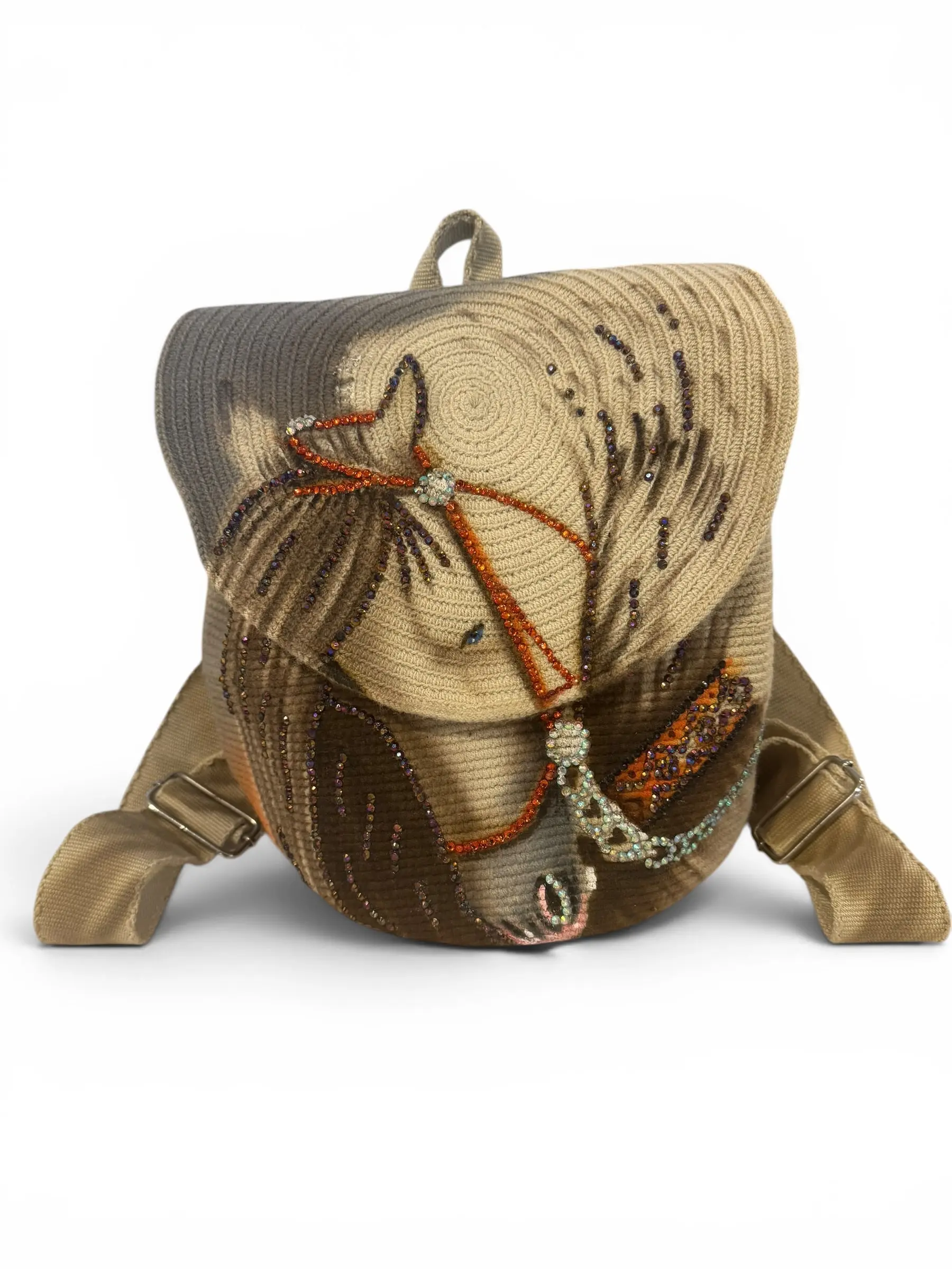 Luxury Horse Hand Painted Backpack with Crystal Stones | Handmade Crochet Flap Adjustable Backpack