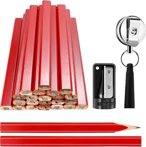 24 count 7 Inch Flat Black Carpenter Pencils with Pencil Sharpener and Retractable Holders for Woodworking and Marking