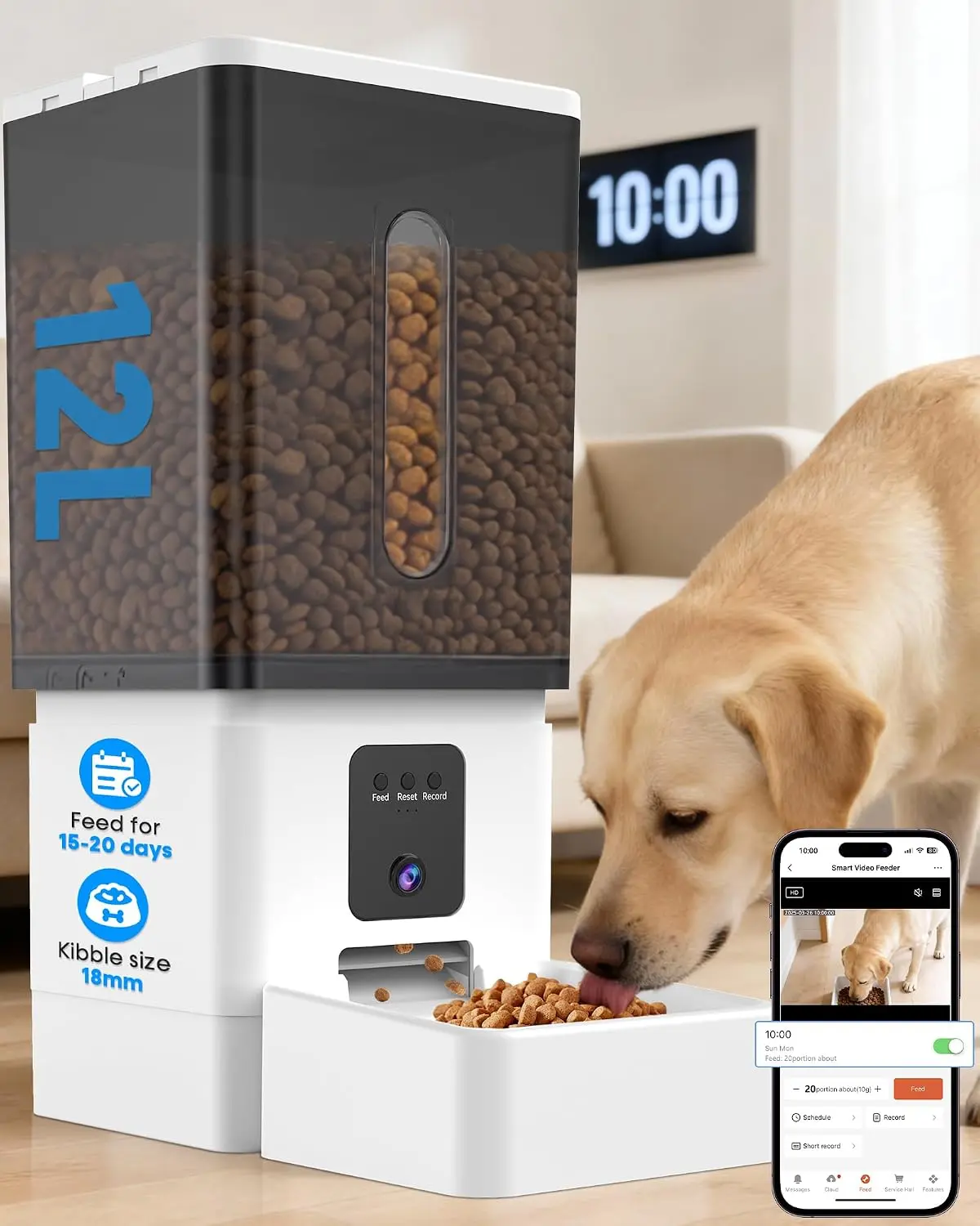 12L Large Dog Automatic Feeder with HD Camera: 50 Cups/20-Day Food Capacity | Easy Setup Timed Dog Feeder for Travel & Business Trips, Anti-Clog for 2-18mm Large Kibble