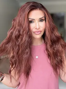 MACA BAKA Caroline Copper Red Ombre Highlight Water Wave Lace Front Wigs with Scandinavian Hairline Straight Drop Low Density 18 Inches Long Auburn Red Loose Curly HD Synthetic Lace Front Wigs for Women Pre Plucked