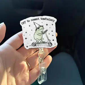 Funny Frog Badge Reel | Off to Commit Tomfoolery ID Holder | Cute Scooter Frog Badge Clip | Nurse Teacher Office Badge | Frog Lover Gift