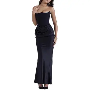 New off-shoulder, skin-hugging, strapless, long, multicolor fishtail pleated bodysuit/corset dress with a waist strap, designed for urban wear