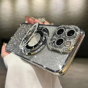 Luxury Plating For Magsafe Magnetic Stand Holder Glitter Diamond phone cases For iPhone 16 15 11 12 13 14 Pro Max Soft Silicone Cover