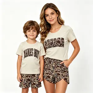 Women's & Boys' Camo 2-Piece Cotton Short-Sleeve Set - Round Neck Top & Shorts, Breathable Fabric Clothes for Summer Beach Vacation