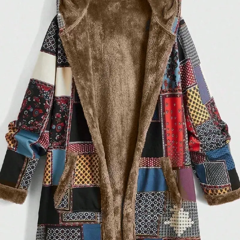 Women's Patchwork Print Long Sleeve Hooded Coat, Chic, Thermal Lined Jacket for Fall & Winter, Women's Clothing for Daily Wear, Autumn Winter Outerwear