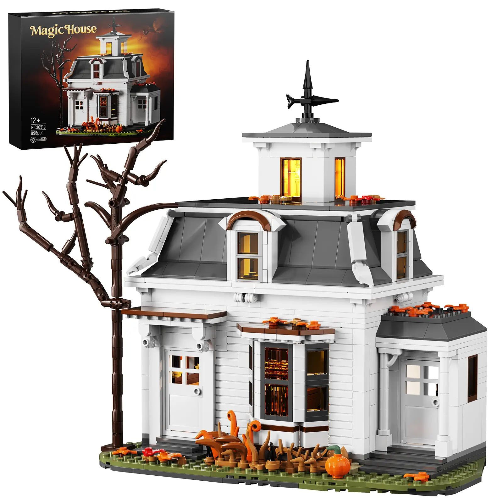 Magic House Building Blocks Set with LED Lighting - 896 PCS Witch's Cottage Model Kit, Haunted Halloween House with Light Kit, DIY Construction Toy for Adults Kids Ages