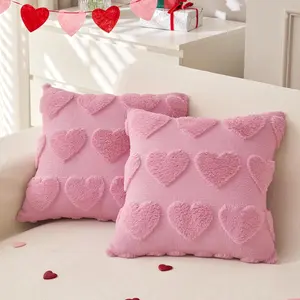Valentines Heart Pillow Covers 18x18 Set of 2 Soft Faux Fur Pink Decor for Home Sofa Bed Heart Design Cozy Luxurious Material