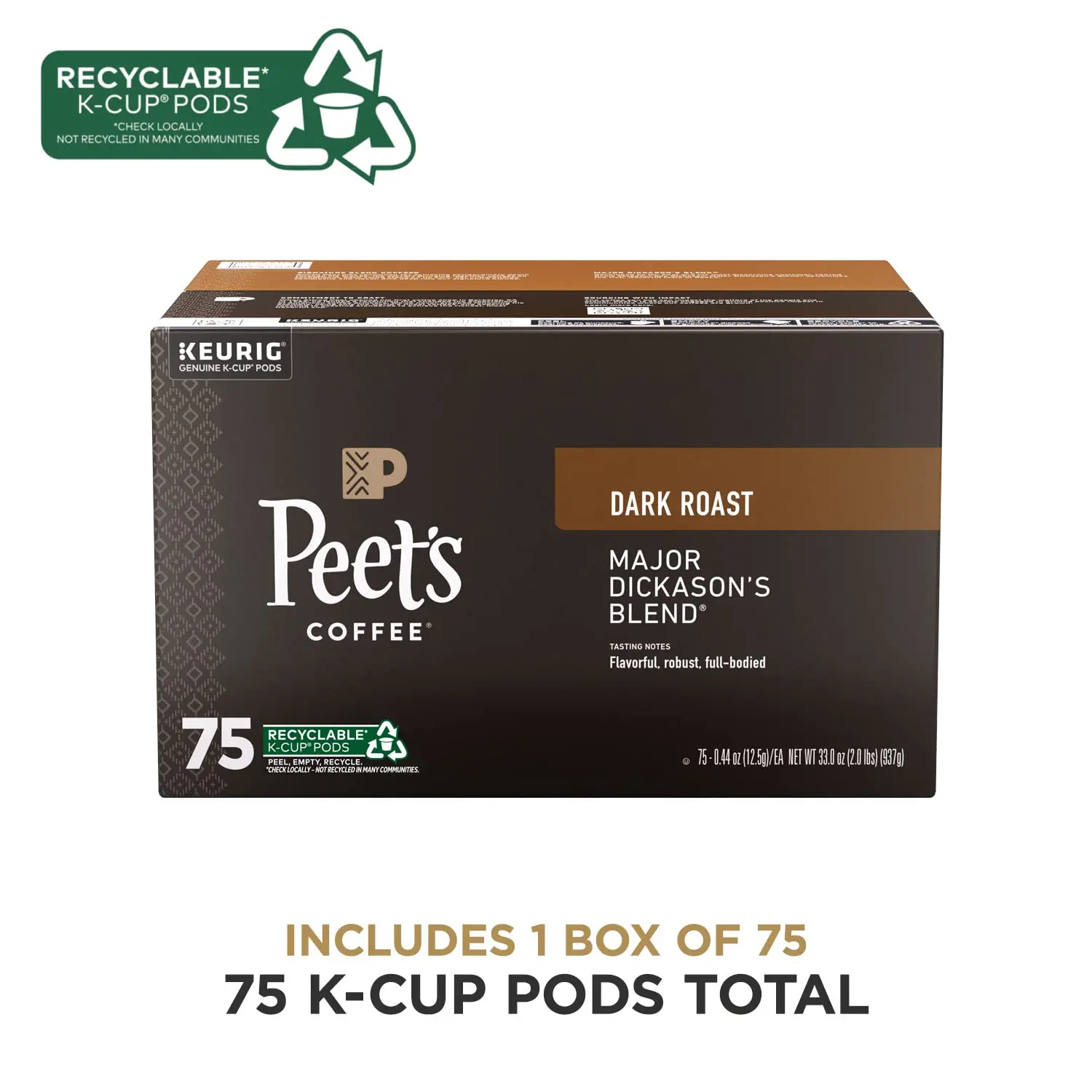 Peet's Major Dickason's Blend Dark Roast Arabica Coffee Bean Single-Serve Recyclable Pods, Cupboard-Stored Coffee Beverage Pods - 75 Count (1 Box)