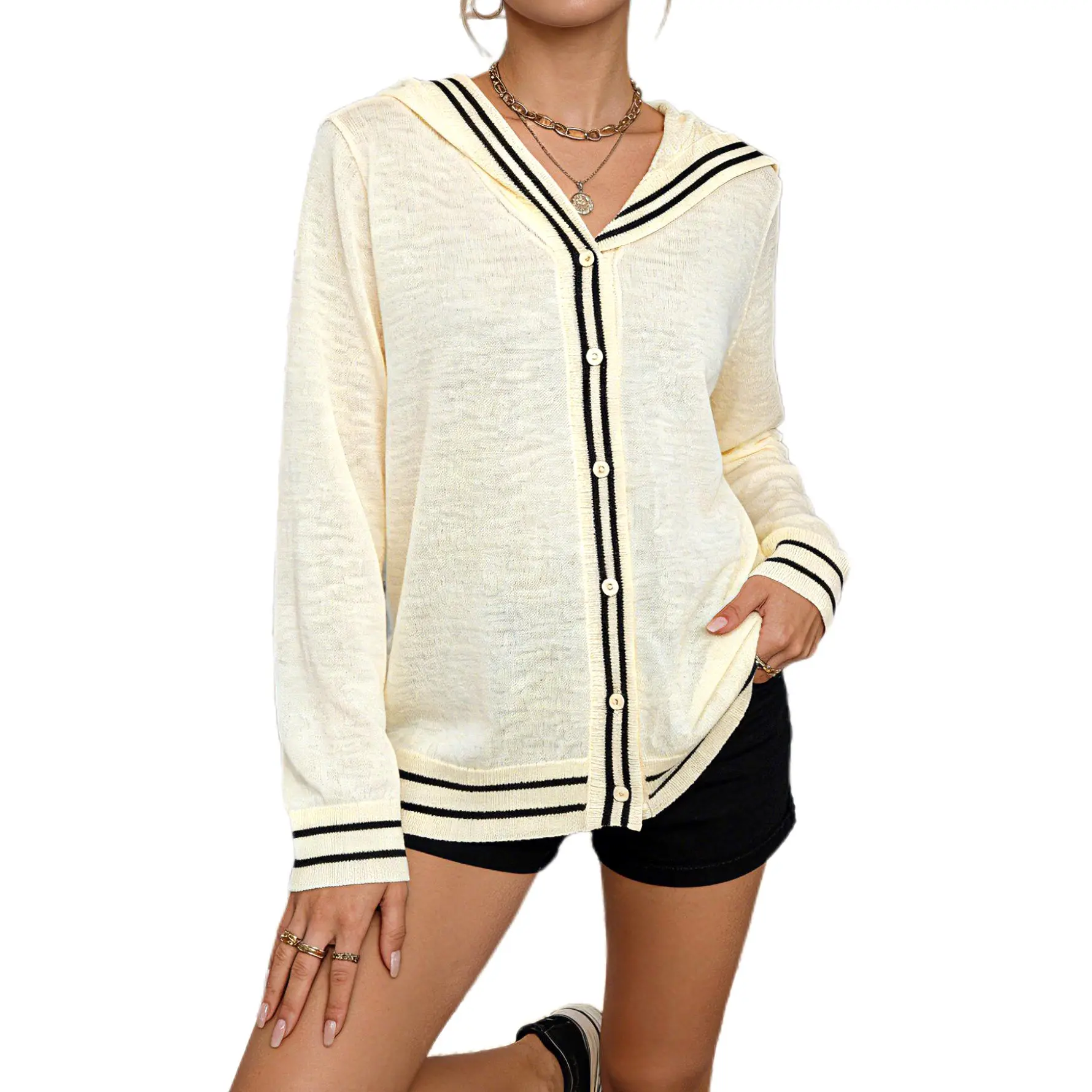 Chouyatou Women's Aesthetic Striped-Trim Hooded Knit Cardigan - Lightweight Button-Down Long-Sleeve Adjustable Comfortable Fashion Piece, Chic Cover-Up for Jeans, Leggings