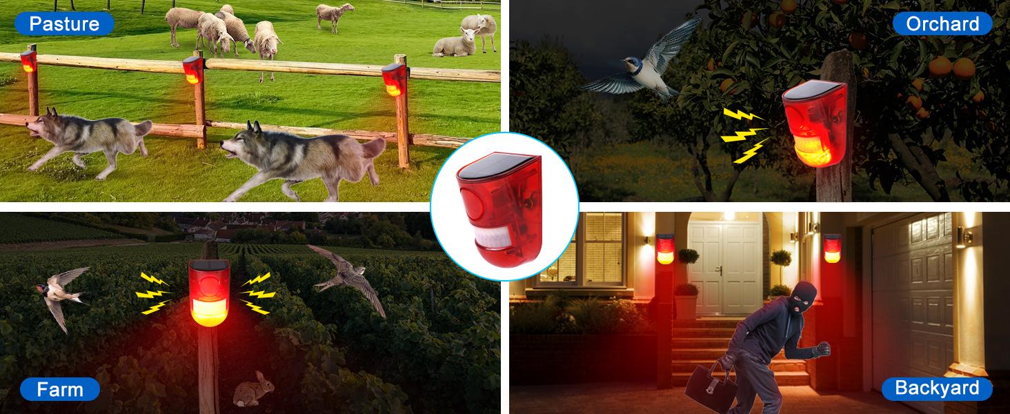 2 Pack 129dB Solar Motion Sensor Alarm Outdoor Security Light with 6 LED Red Flashing Strobe, Waterproof Wireless PIR Siren, 4 Modes, USB Rechargeable Security Alarm System for Farm, Orchard, Garage, Courtyard and Home