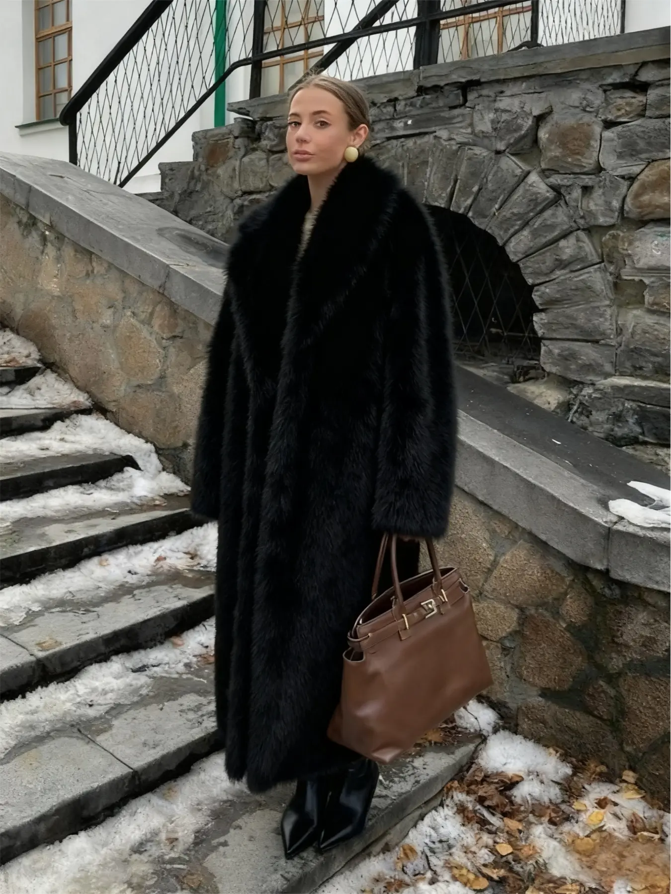 Women's Long Faux Fur Coat, Oversized Fall & Winter Jacket with Shawl Collar and Pockets, Stylish Fashion Outerwear