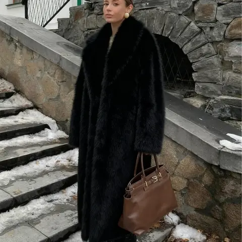 Women's Long Faux Fur Coat, Oversized Fall & Winter Jacket with Shawl Collar and Pockets, Stylish Fashion Outerwear, Fashionable Outerwear